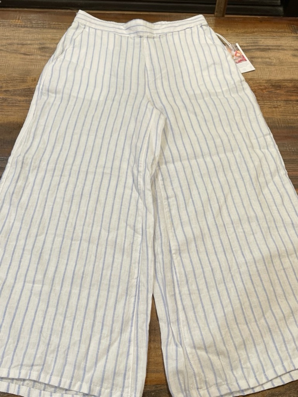 Martha Stewart White Linen Pants with Light Blue Pinstripes